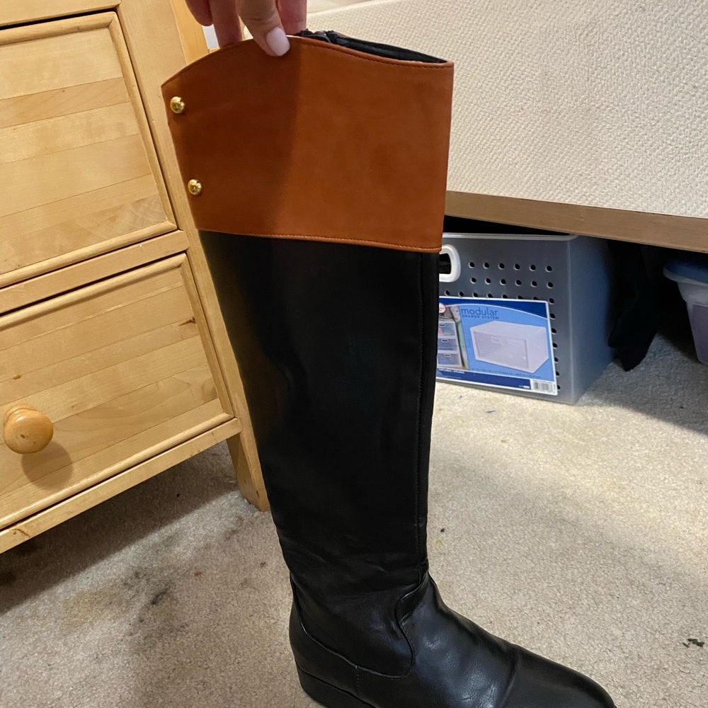 Black leather boots with camel brown and gold trim